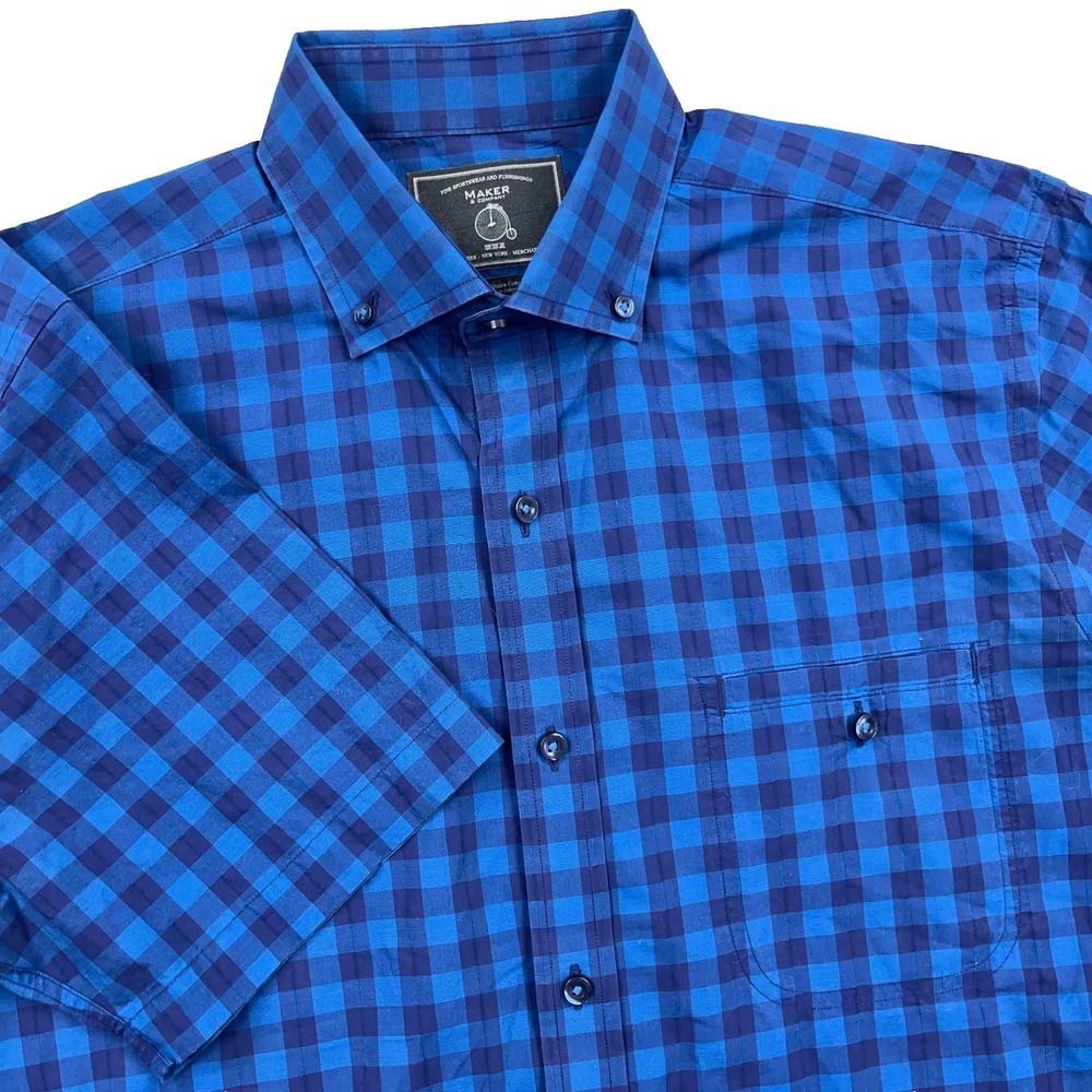 Maker & Company Shirt Men Medium Blue Check Button Up Short Sleeve Cotton Camp